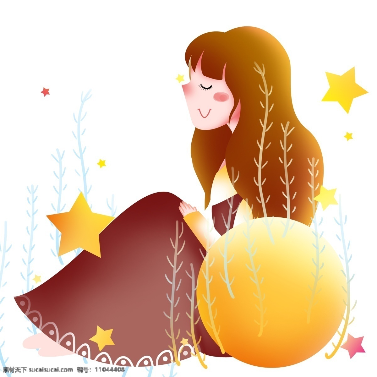 坐 睡觉 女孩 插画 世界 睡眠 日 睡觉的小女孩 黄色的圆球 黄色的星星 植物装饰 休息