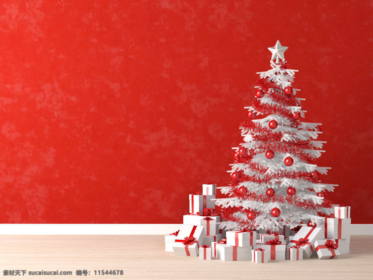 礼物 圣诞树 红色背景 礼盒 圣诞球 圣诞节 室内设计 环境家居