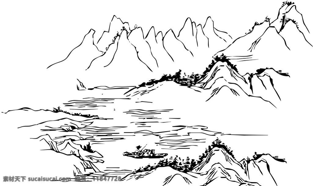 国画 山水 矢量图 黑白 手绘 自然景观 自然 建筑 自然风光