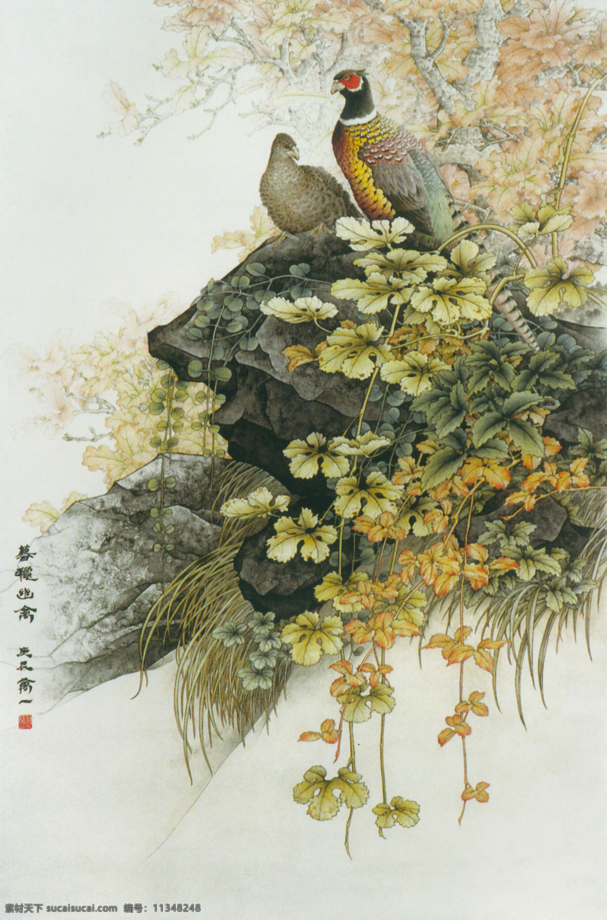暮秋幽禽图 秋天 幕秋 雉鸡 野鸡 禽鸟 国画 水墨画 屏风画 山石花鸟 石头 草 国画题字 水墨 彩墨 彩绘 装饰画 绘画图文 绘画书法 文化艺术