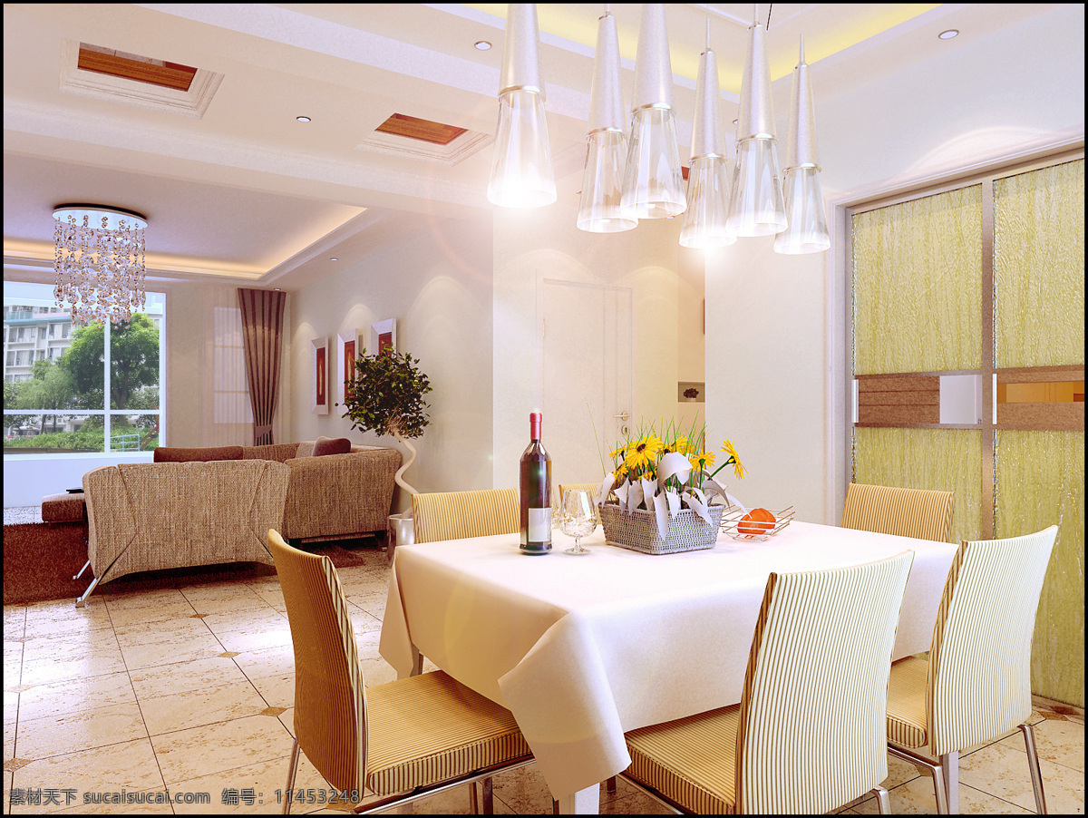 餐厅 餐桌 地砖 吊灯 柜子 红酒 环境设计 椅子 室内设计 家居装饰素材
