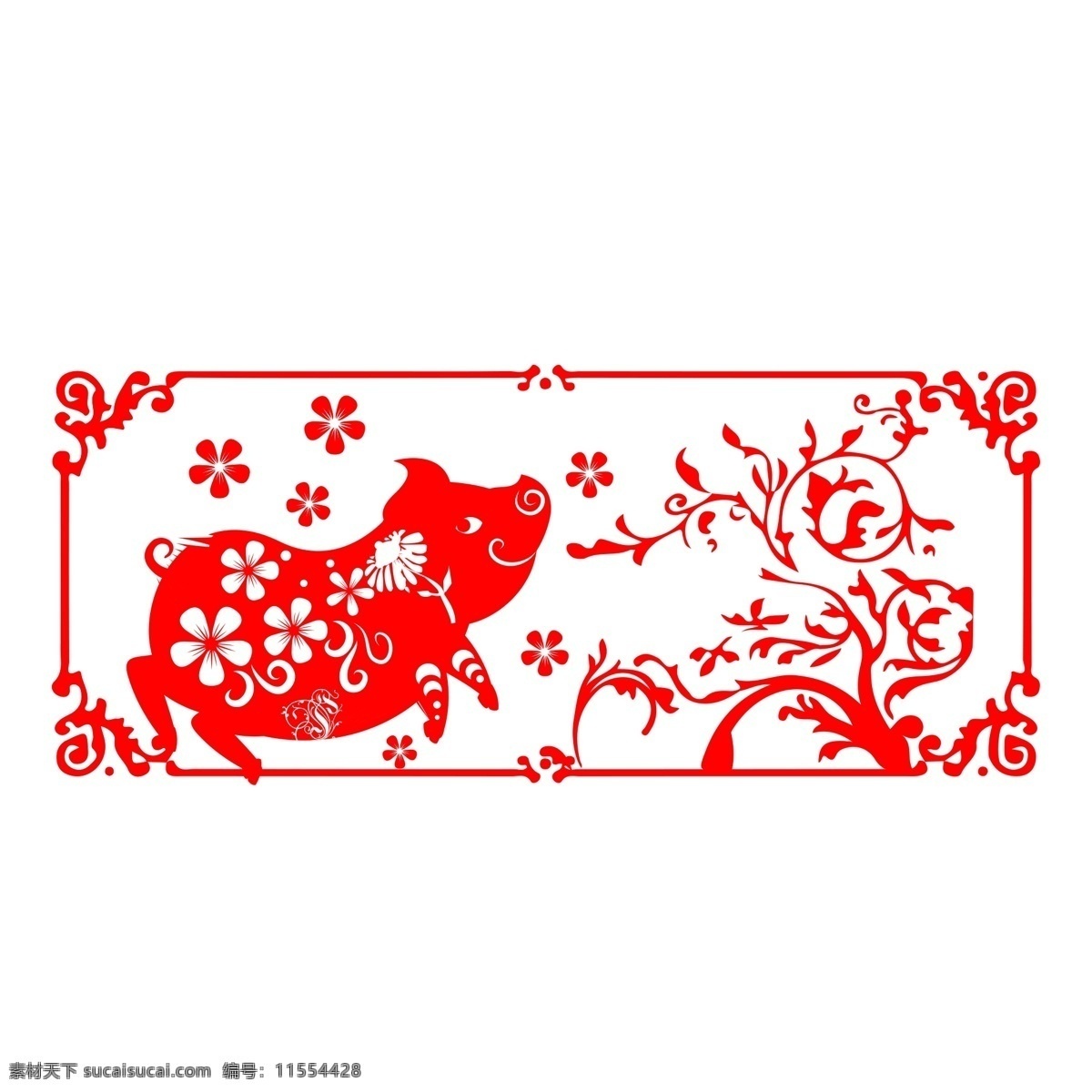 中国 风 红色 喜庆 猪 元素 剪纸 装饰 祥云 边框 古风 云纹 树