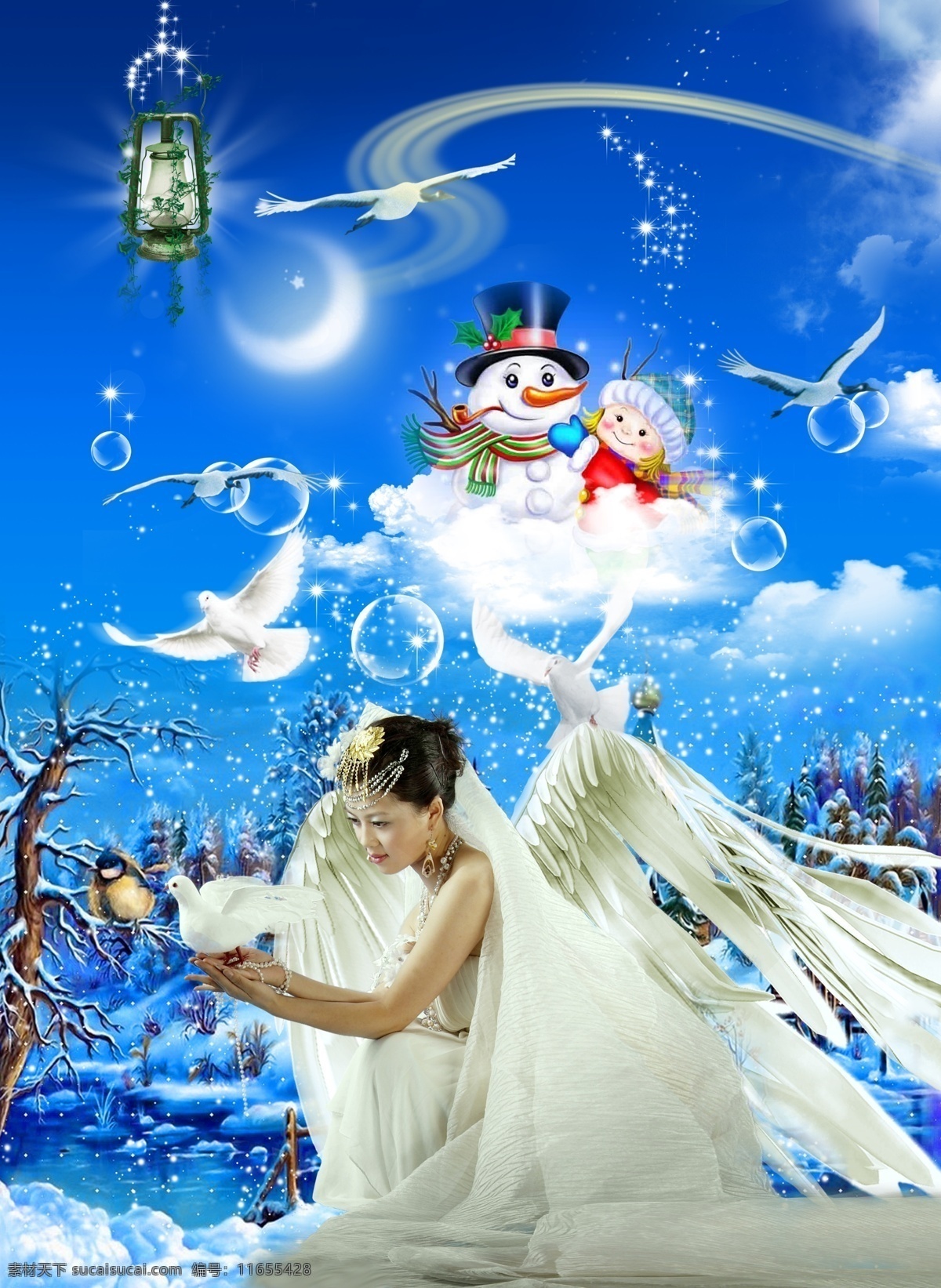 圣诞节图片 雪堆 圣诞老人 小人 美女 鸽子 云彩 月亮 水晶泡泡 翅膀 仙鹤 水 冰 雪 树 圣诞节 节日素材 源文件