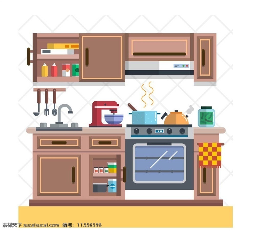 矢量厨房设计 矢量 卡通 手绘 厨房 灶台 灶具 橱柜 水槽 锅 油烟机
