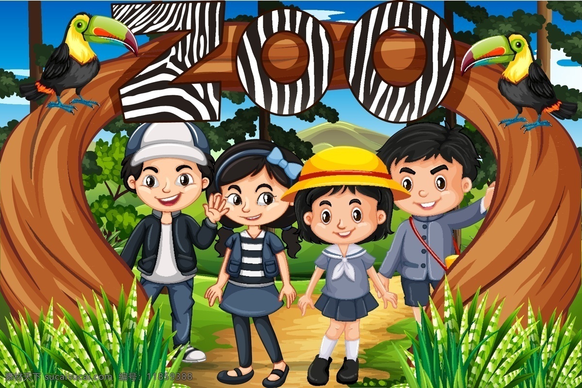 卡通 儿童 动物园 卡通儿童 快乐 学生 玩 野生动物园 公园 园林 卡通设计