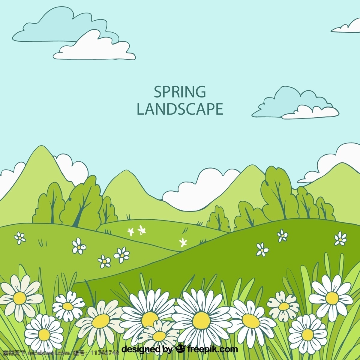 草地 花丛 风景图片 树木 雏菊 云朵 创意 春季