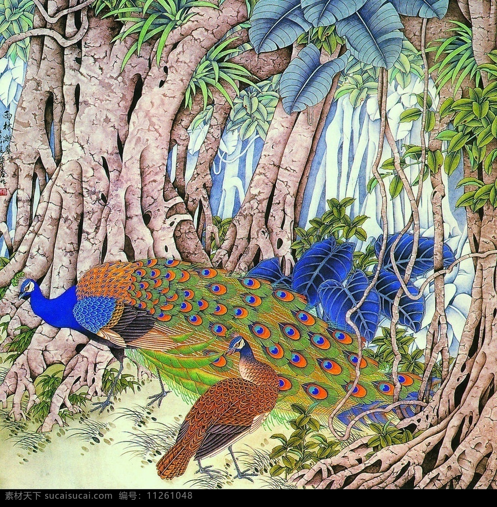 雨林凝翠 中国工笔画 萧溶 雨林 孔雀 风景 鸟 文化艺术 绘画书法 设计图库