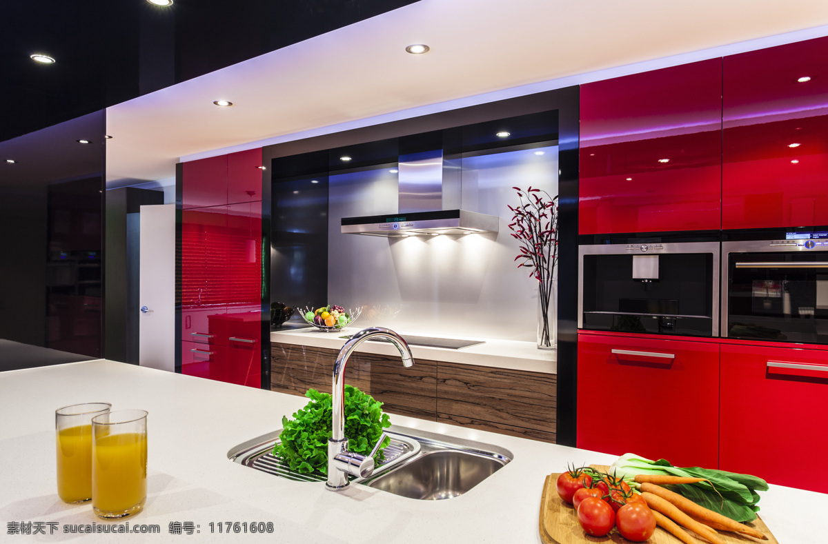 红色 开放式 厨房 室内设计 效果图 时尚家居 厨房装修设计 开放式厨房 环境家居