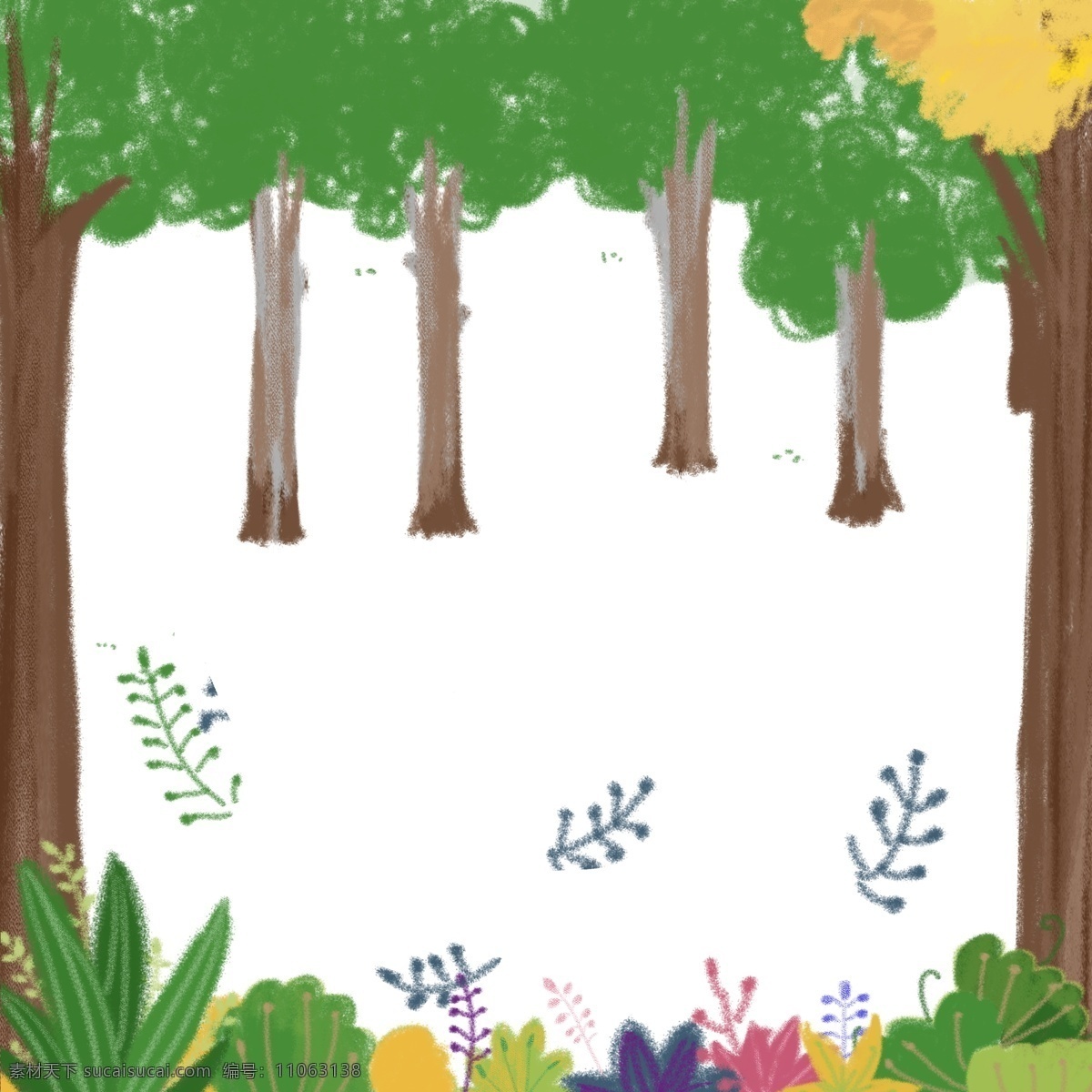大树 森林 绿色 清新 可爱 手绘 小树叶 画册 卡通 纹理 淘宝 天猫 京东 促销 小草