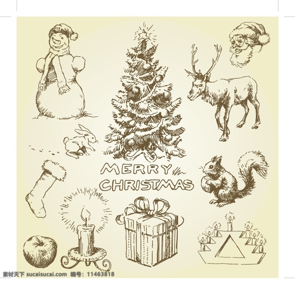 圣诞 主题 矢量 手绘 素描 复古 铃铛 雪人 圣诞鹿 礼物 圣诞树 线条 时尚 装饰品 圣诞主题 圣诞节 节日素材