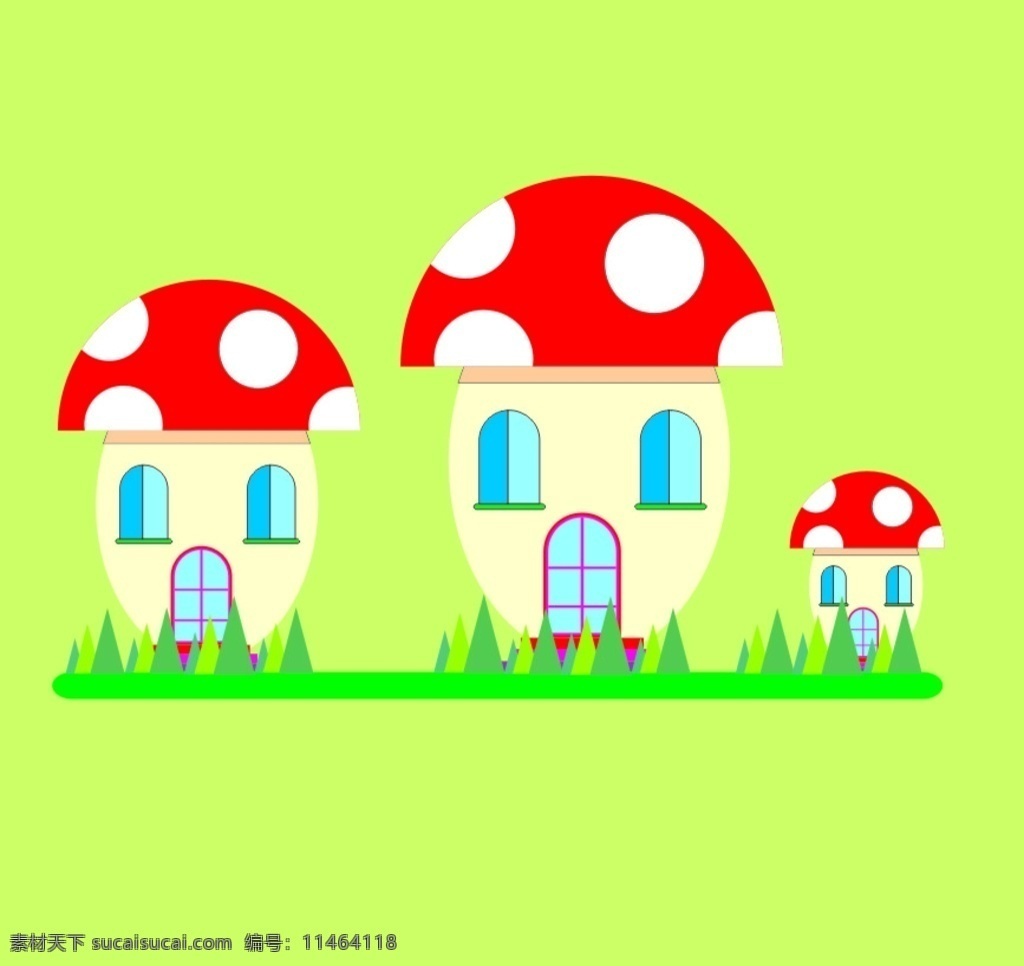 蘑菇房子 绿色草地 绿色背景 三个蘑菇房 自然景观 自然风光