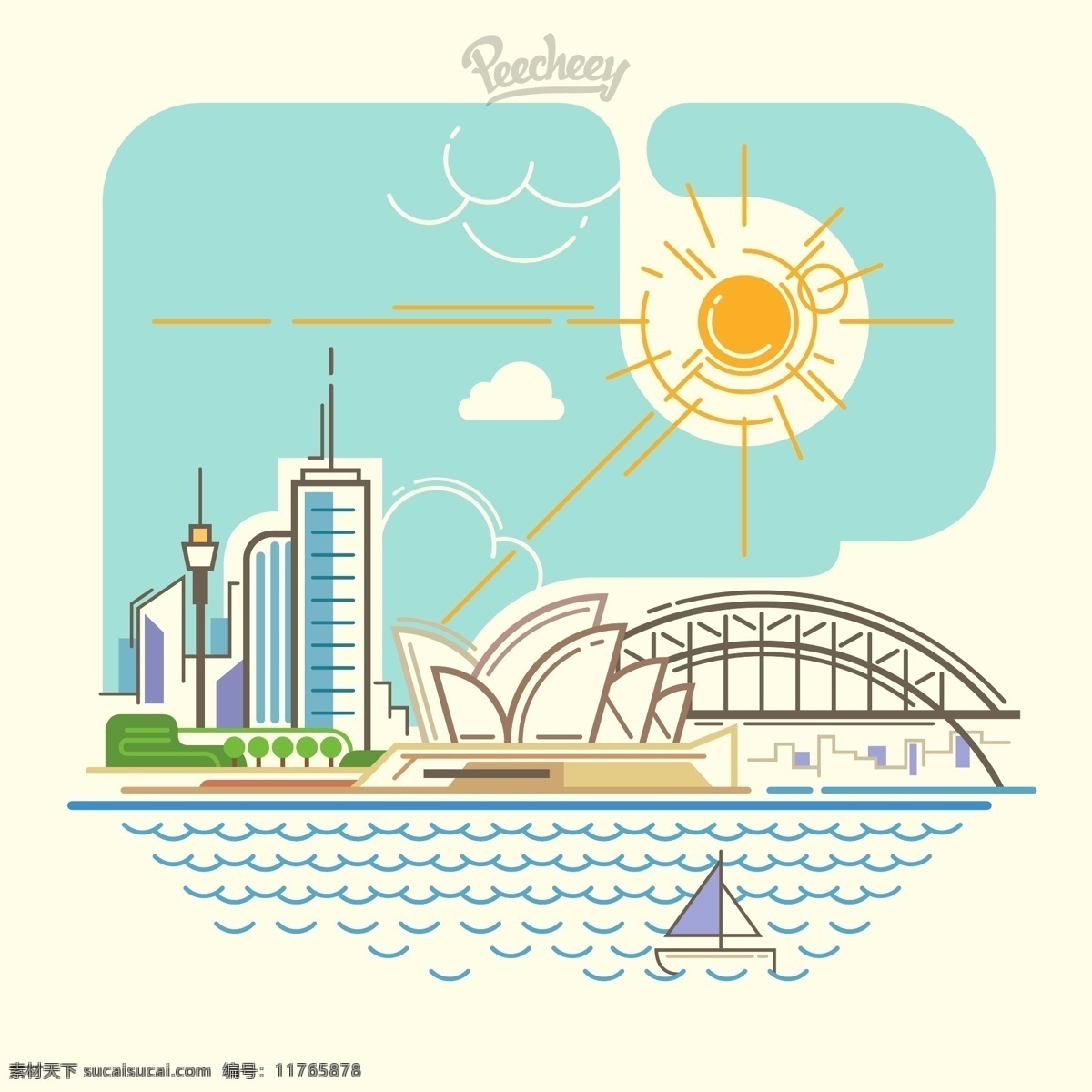 抽 几何 城市 建筑 插画 太阳 风景 高楼 大桥 帆船