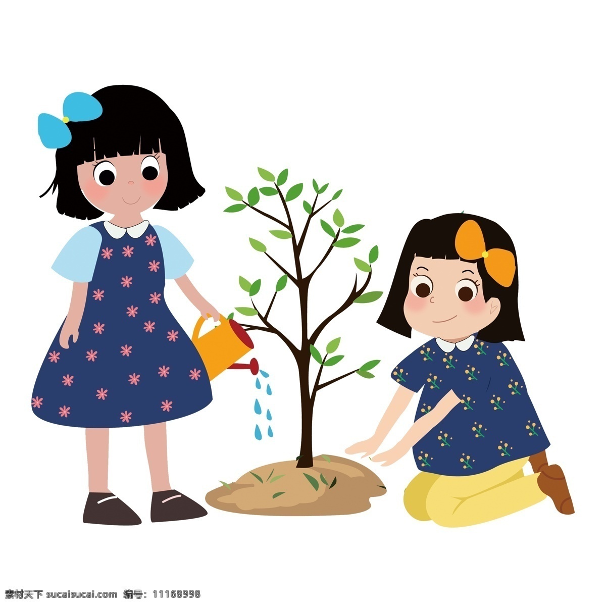 卡通 可爱 种树 女孩 长发女孩 人物 时尚 唯美 插画元素 png元素 清新 种树女孩 植树节