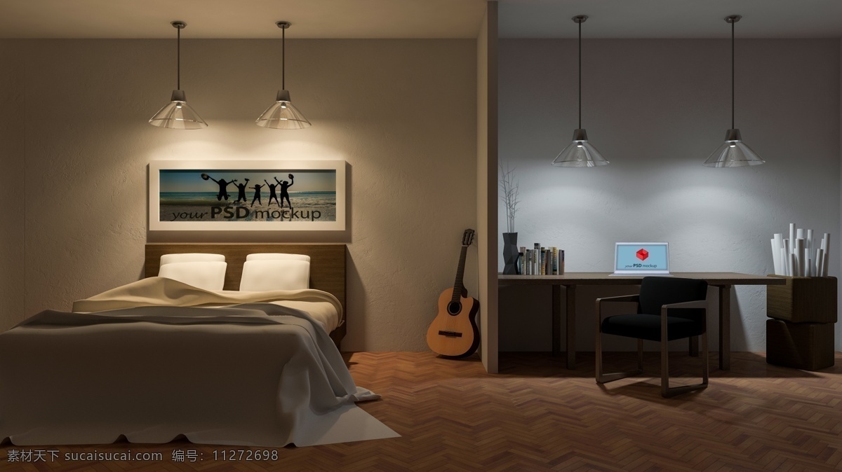室内设计 卧室模型 效果图 3d 渲染图 演示图 草图 装修 装饰 装潢 住宅 房间 创意 混凝土墙板 木地板 起居室 分层