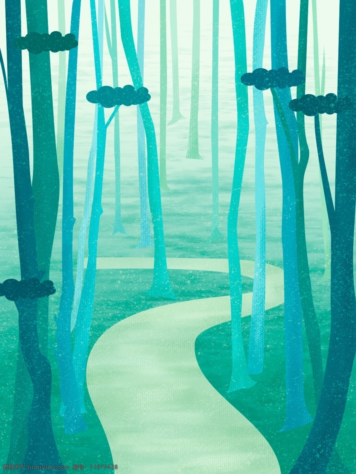 原创 手绘 静谧 森林 小路 环保 背景 蓝色 植树节