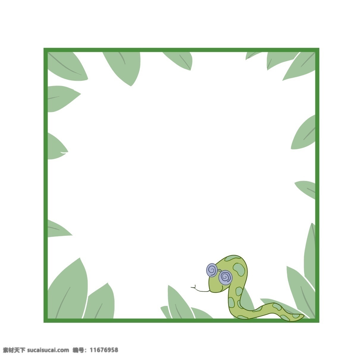 卡通 绿色 边框 插图 绿色的边框 绿色的树叶 眼镜蛇插图 边框卡通 可爱的眼镜蛇 照相框 标题框