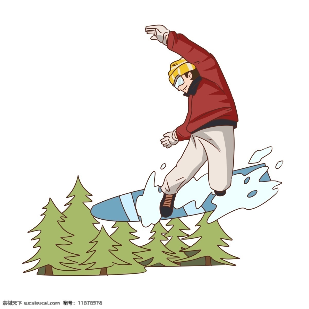 手绘 冬季 旅游 滑雪 体验 男子 插画 树木 滑雪体验 冰雪运动 雪上运动 滑雪板 滑雪场 卡通男子