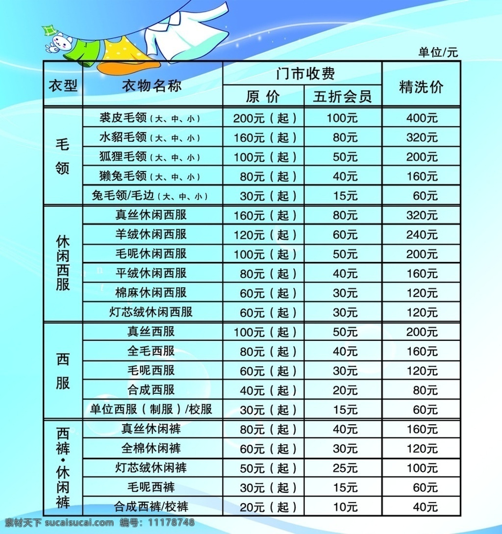 美一天洗衣店 洗衣店 水洗 干洗 洗衣价目表 价格表 水滴 卡通 展板模板