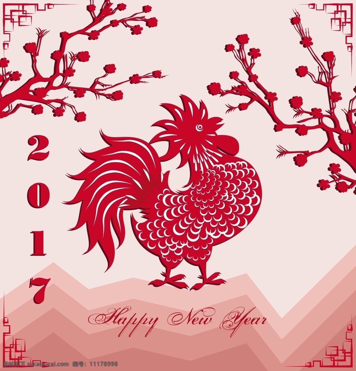 红色 大 公鸡 中国 传统 春节 剪纸 矢量 山 树 盆栽 花边 2017 新春
