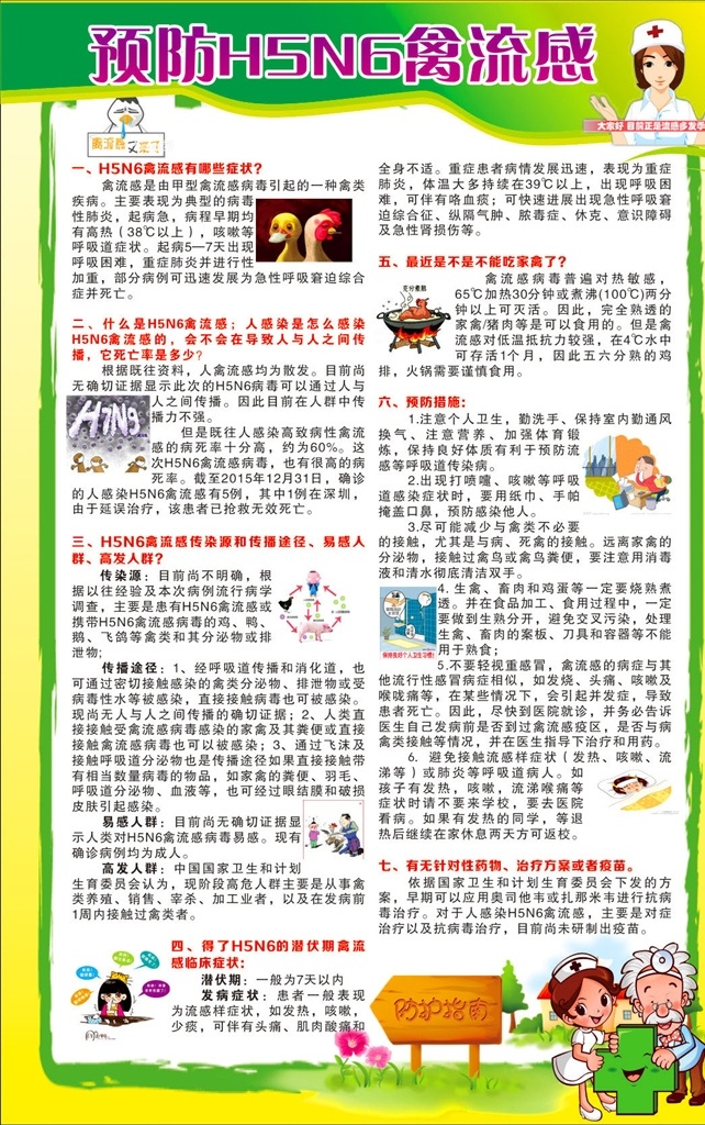 健康知识 学校宣传 绿色展板 h5n6 禽流感 卡通医生 展板设计 展板模板