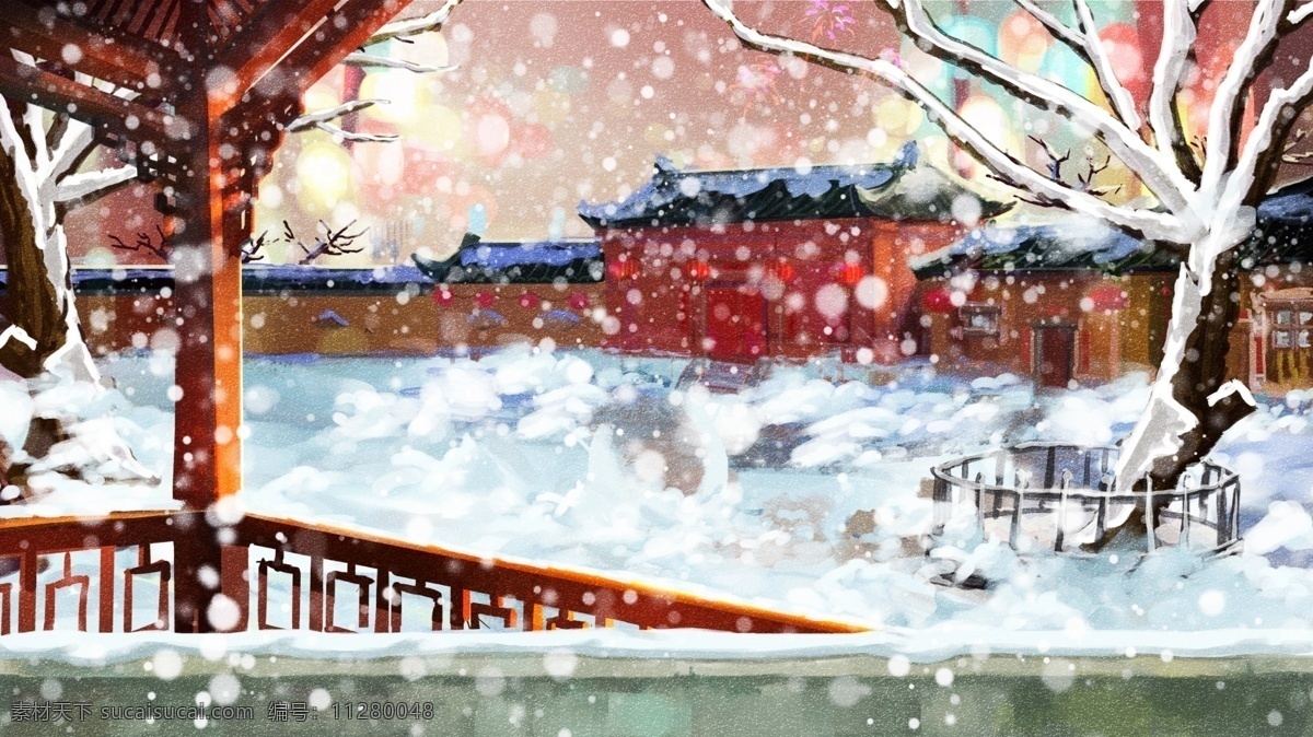 中国 风 冬季 大雪 背景 中国风 古风 唯美背景 背景素材 卡通背景 墙垣 枯树 大雪背景 广告背景 psd背景 手绘背景