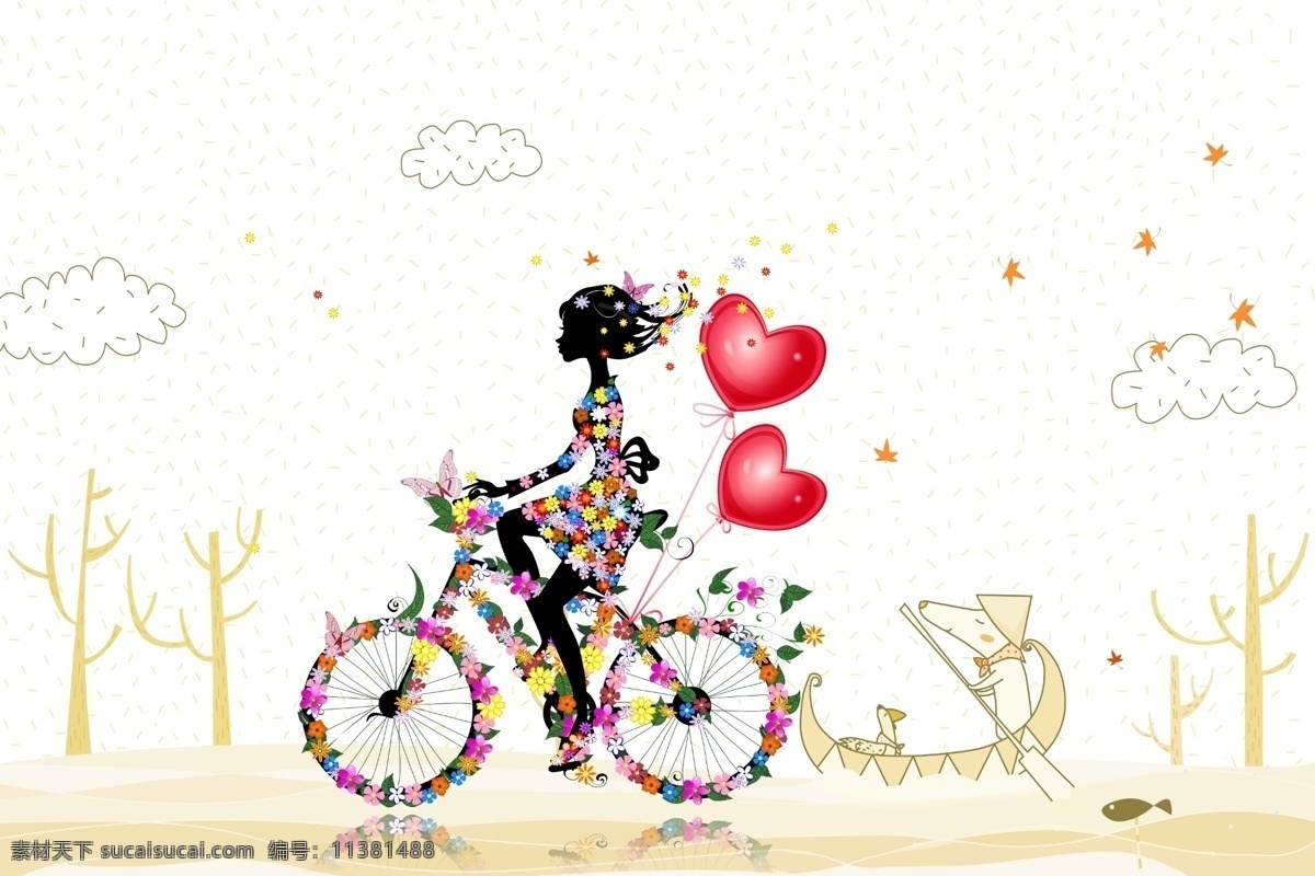 创意 抽象 自行车 女孩 背景 墙 背景墙