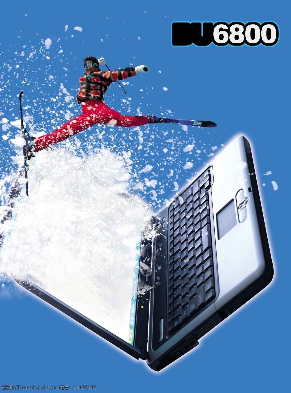 笔记本 电脑 海报 笔记本电脑 冰雪 滑雪 滑雪套装 冰霜 冰爽 蓝色背景 科技 大气