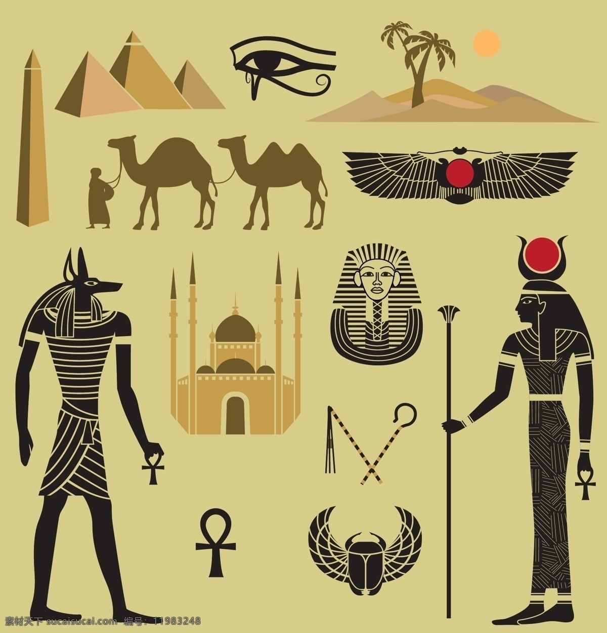 手绘埃及插图 埃及人物 埃及艳后 法老 木乃伊 马头人 古埃及壁画 古埃及图案 古埃及 宗教信仰 图腾 神秘 矢量 图案 传统文化 文化艺术
