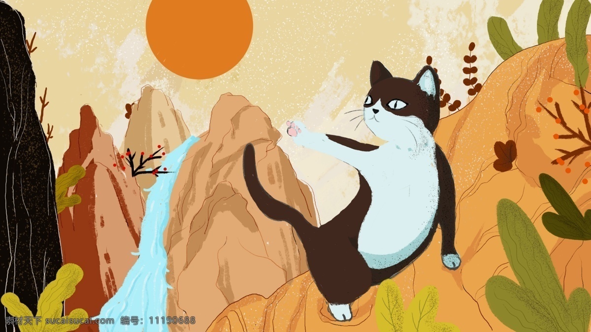 原创 卡通 插画 山 物 记 猫 物语 登山 中国风 山水画 爬山 远足 水墨 拟人 登山的猫