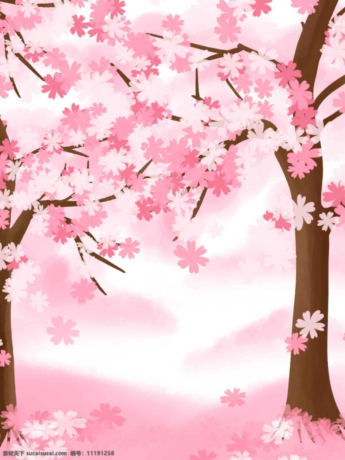 粉色 樱花 浪漫 清新 背景 樱花树 山 手绘