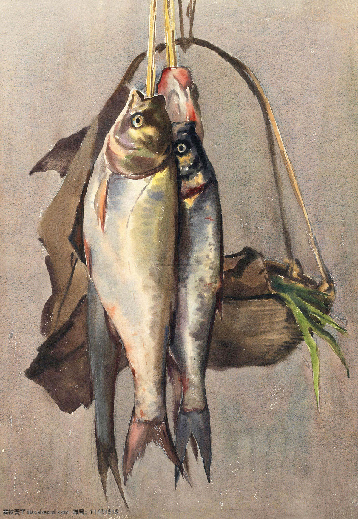 静物鱼 美术 水彩画 静物画 淡水鱼 白鲢鱼 篮子 葱苗 水彩画艺术 作品集 绘画书法 文化艺术
