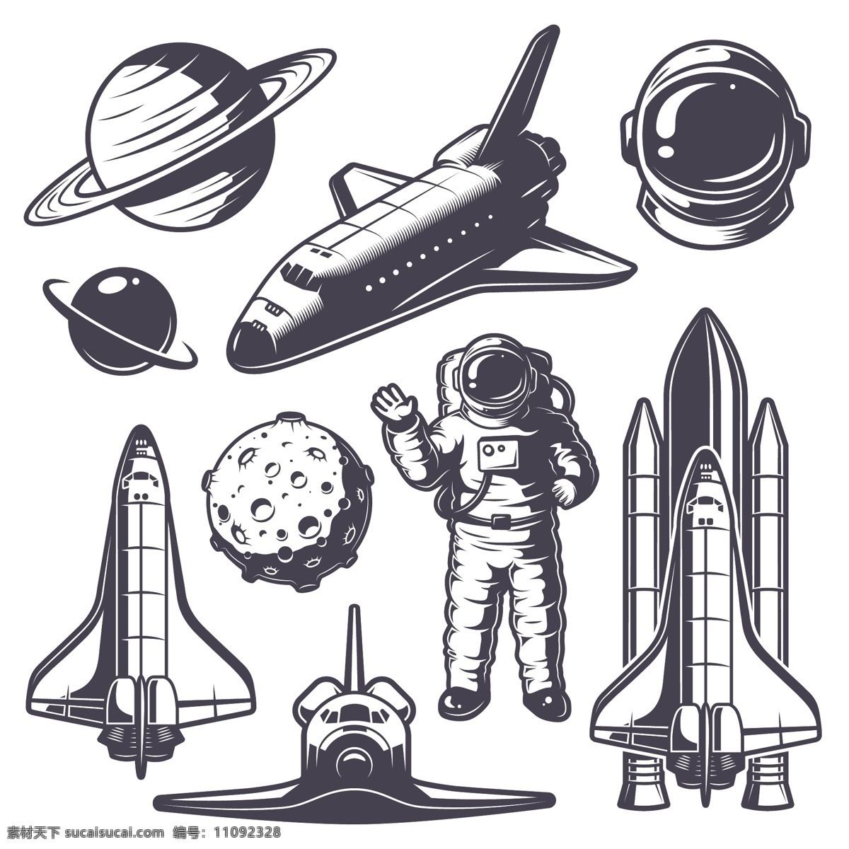 手绘 卡通 航天 科技 插画 月球 火箭 航天飞机 宇航员