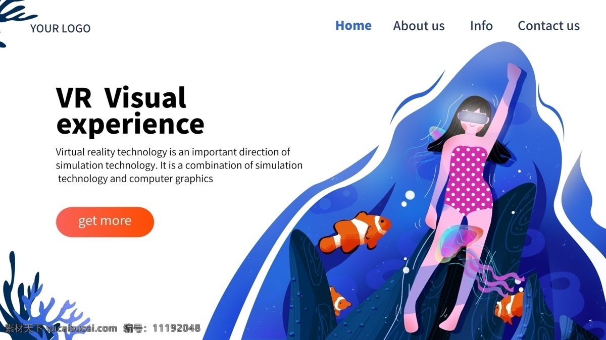 互联网 vr 虚拟 海底 世界 插画 蓝色 女孩 畅游 水母 网页