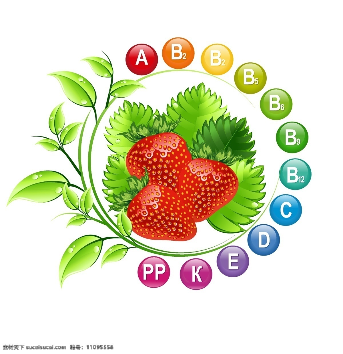 手绘 新鲜 草莓 元素 水果 字母 彩色 圆形 绿叶 藤叶