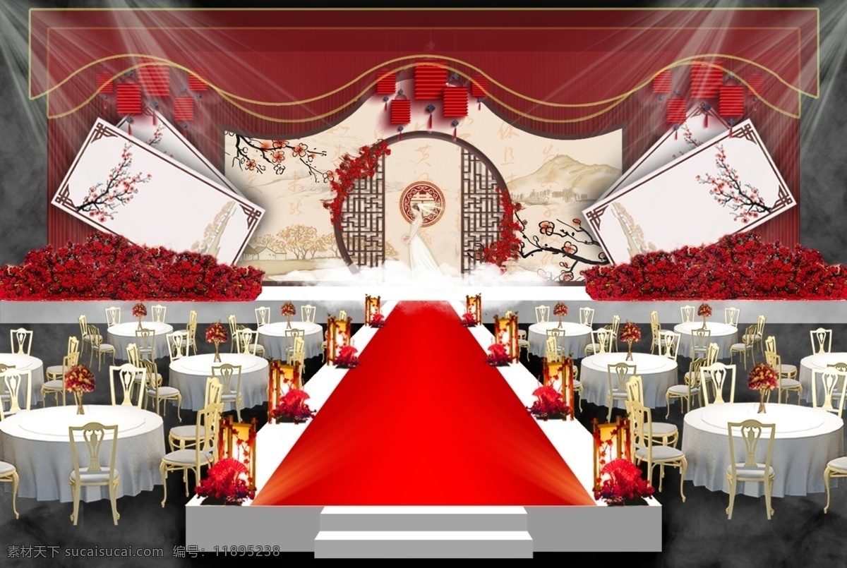 大气 红色 中式 婚礼 效果图 灯笼 装饰 浪漫 婚礼效果图 舞台区 梅花 围栏 桌椅 红花 好看