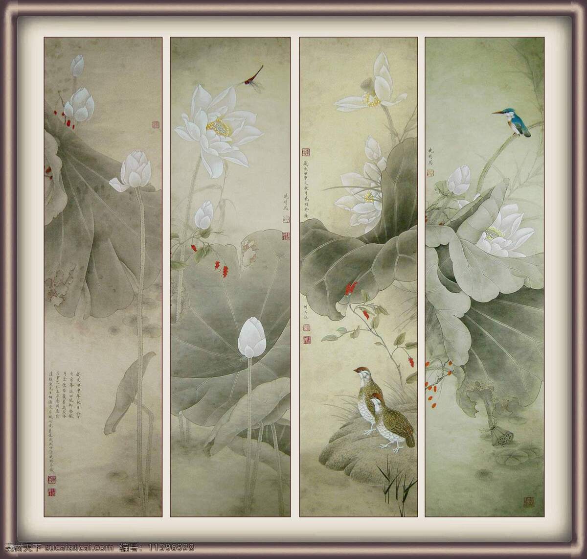 荷塘 现代 国画 工笔花鸟 四条屏 荷花 荷叶 文化艺术 绘画书法 设计图库