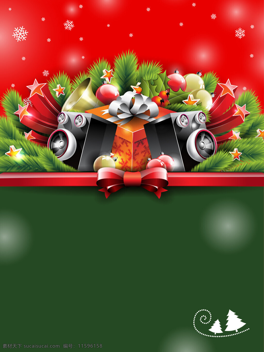 矢量 圣诞 促销 背景 圣诞节 质感 松枝 铃铛 音响 广播 红色 绿色 海报
