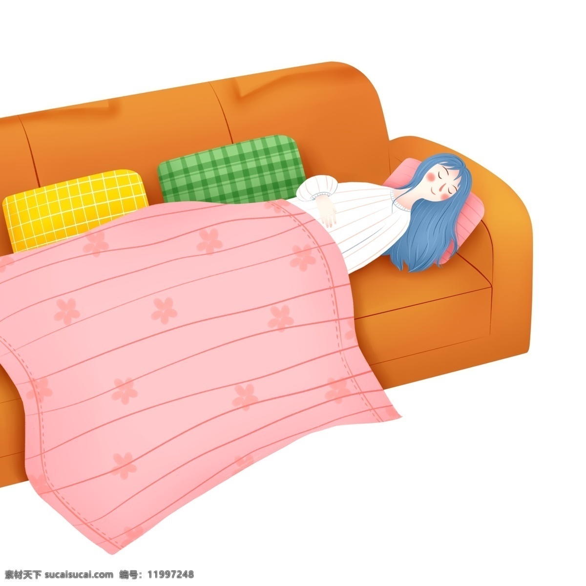 彩绘 小清 新沙 发 上 盖 毯子 睡觉 女孩 小清新 沙发 插画 休息 靠枕