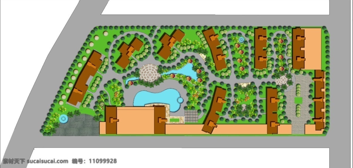 绿化 平面图 马路 鲜花 草地 树木 房屋 建筑物 白色背景 环境设计 景观设计