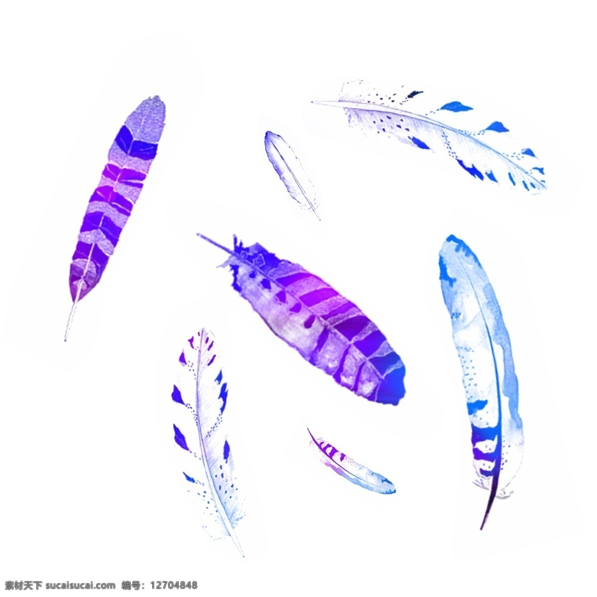 水彩 蓝紫色 渐变 羽毛 漂浮 元素 背景 底纹 蓝色 紫色 装饰图案