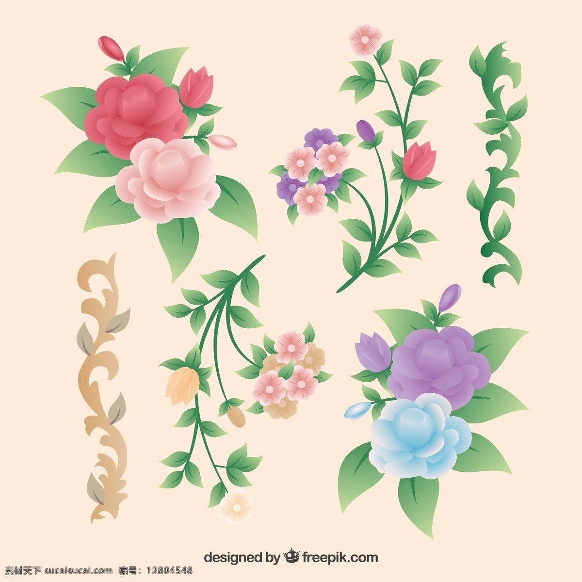 一群 树叶 复古 玫瑰 复古的玫瑰 玫瑰花 花卉素材 卡通素材 矢量素材 白色