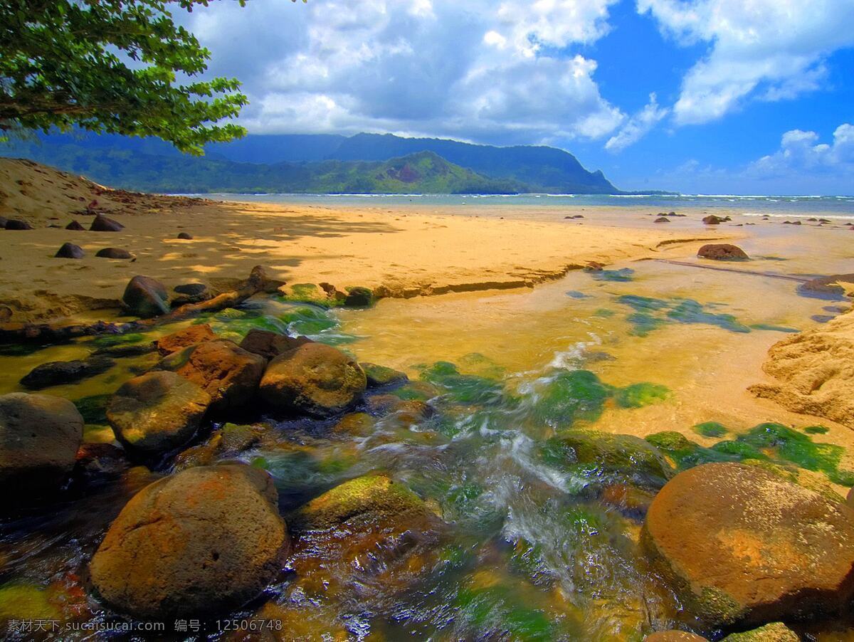 夏威夷 背景 湖水 流水 清澈 山 石头 树 天空 风景 生活 旅游餐饮