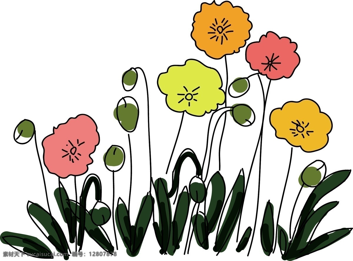 卡通 手绘 简笔 花丛 商用 元素 矢量 植物