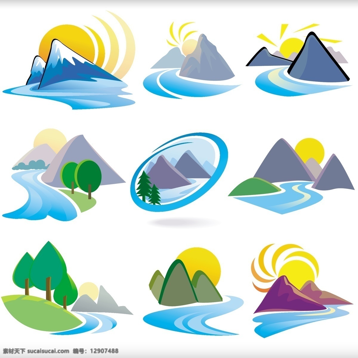 风景免费下载 河流 森林 山川 山峰 太阳 雪山 矢量图 其他矢量图