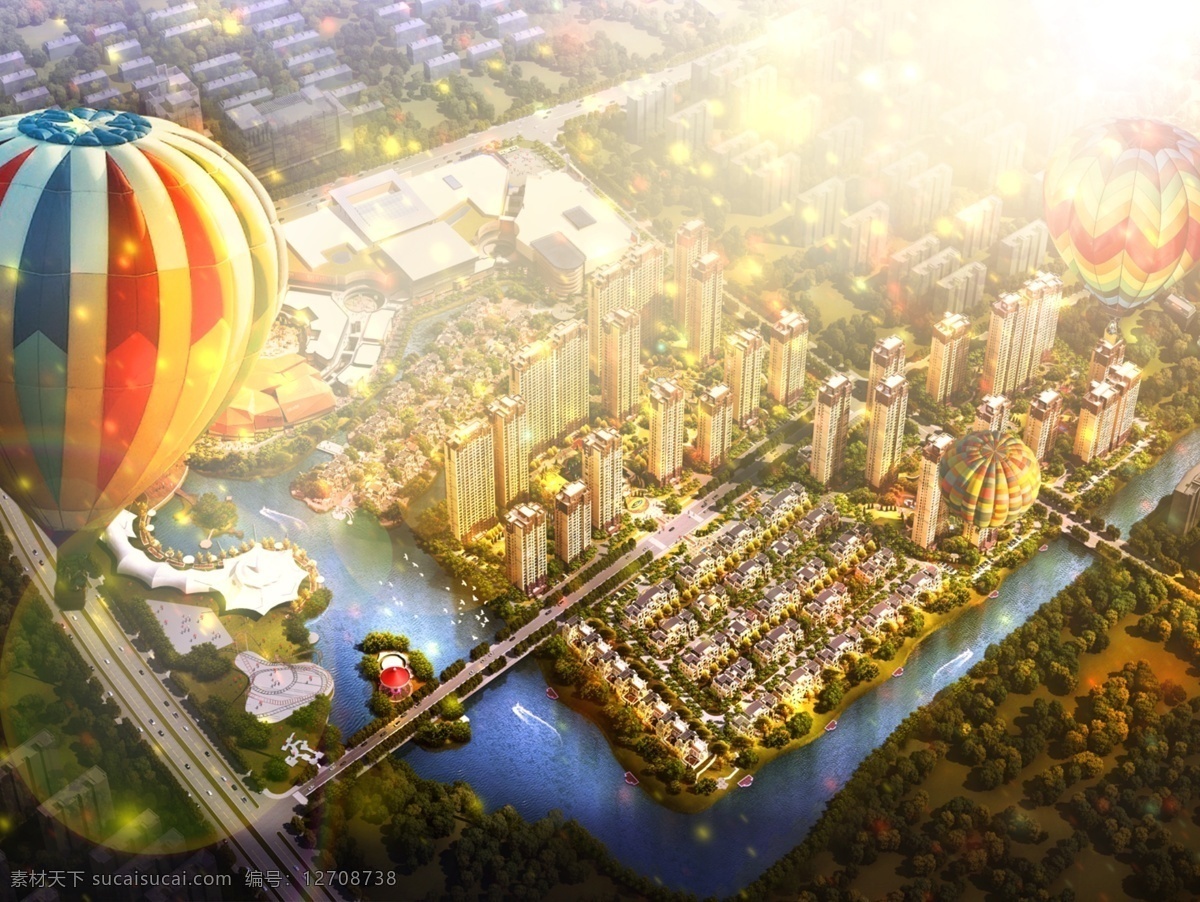 高端 大气 城市 鸟瞰图 降落伞 房产效果图 热气球 房地产 河流 分层