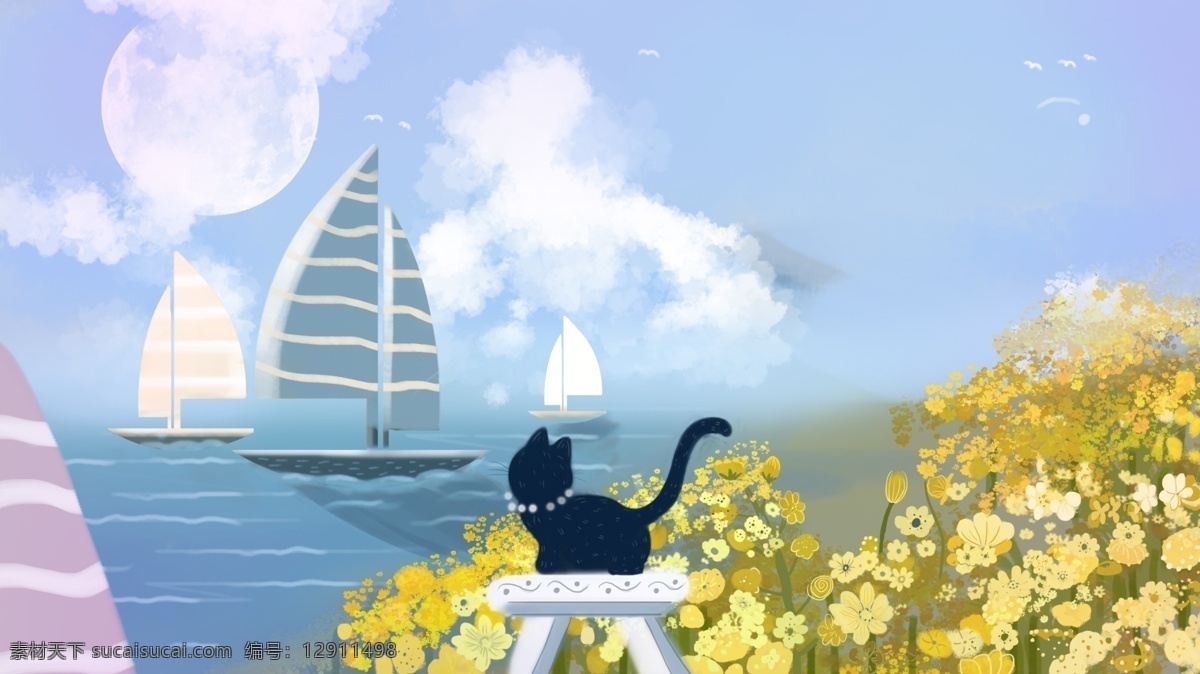 彩绘 大海 帆船 花丛 背景 黑猫 唯美 广告背景 彩绘背景 促销背景 背景展板图 背景图 创意