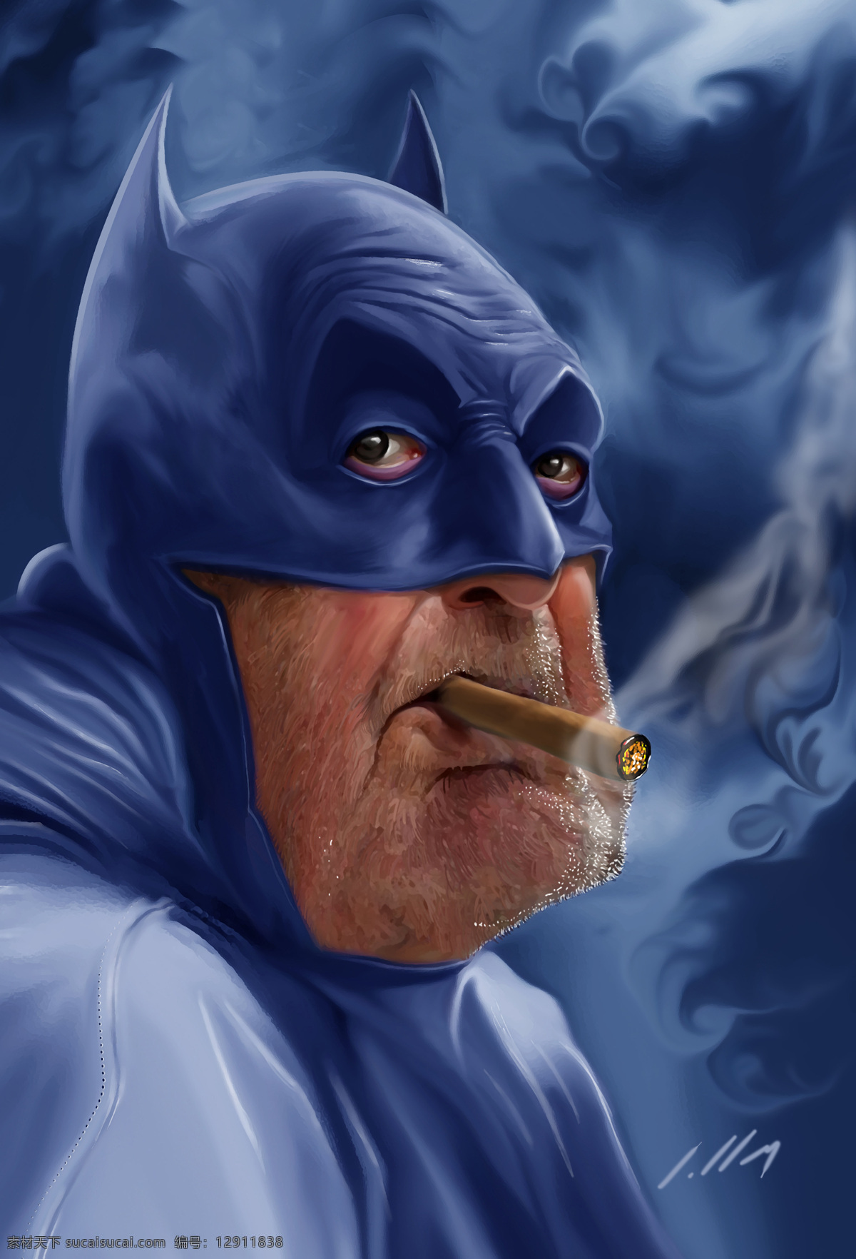 年老的蝙蝠侠 蝙蝠侠 batman 黑暗骑士 华纳 dc漫画 超级英雄 英雄联盟 动漫动画 动漫人物 老年 蓝色 香烟 烟雾