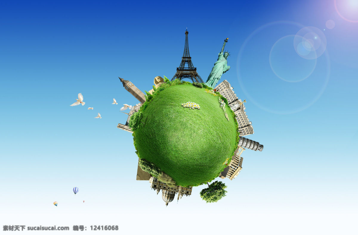 地球 上 建筑物 天空 白鸽 自由女神 铁塔 斜塔 楼房 建筑 城市 底纹背景 创意图片 图片背景 地球图片 环境家居