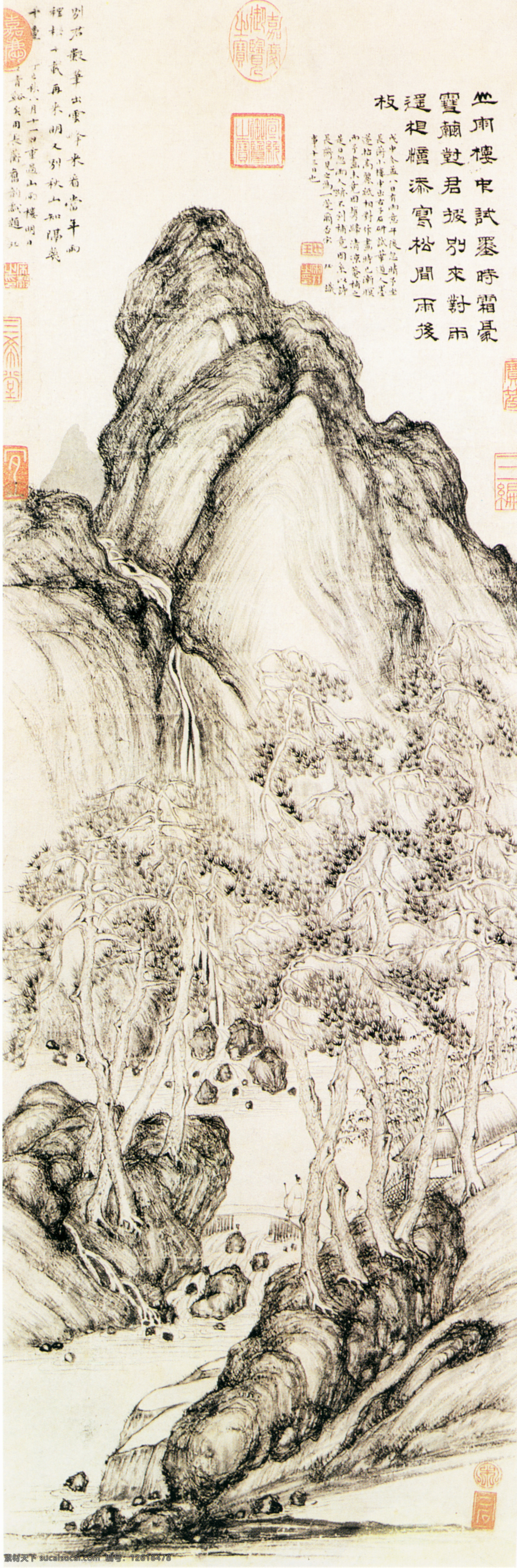 山水 名画 山 楼 雨 图 山水名画 水墨画 中国 字画 文化艺术