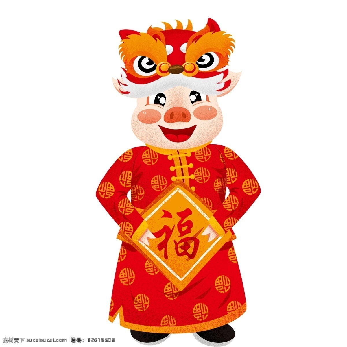 红色 喜庆 猪年 拜年 按着 福字 福 猪 中国风 插画 春节 卡通 小猪 唐装 舞狮头 传统元素 新年 小猪形象 猪年形象